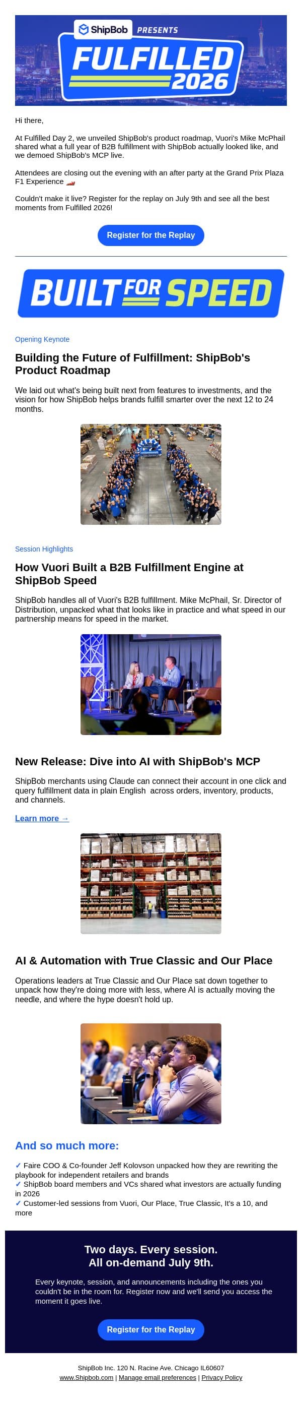 Day 2 of Fulfilled: Here's what you missed email from ShipBob screenshot