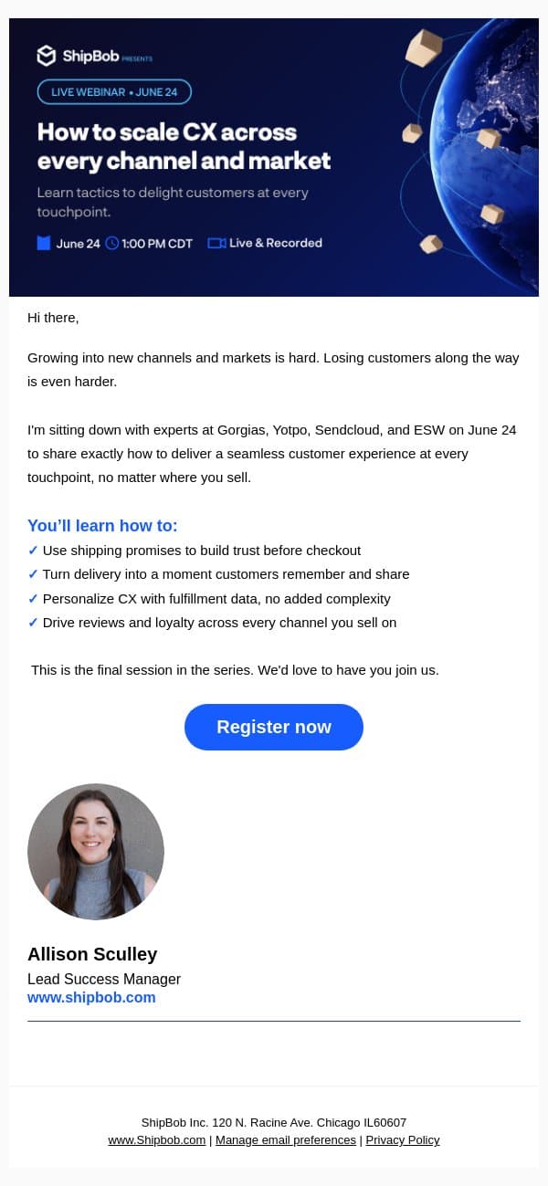Turn every order into a repeat customer email from ShipBob screenshot