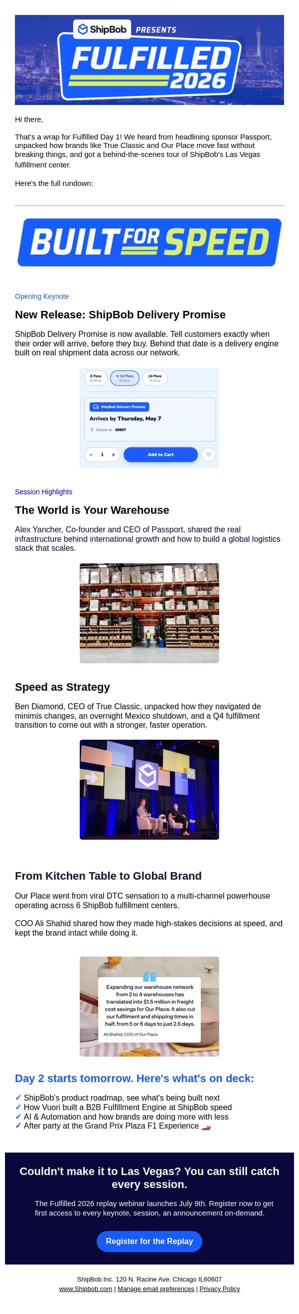 Day 1 of Fulfilled: Here's what you missed email from ShipBob screenshot