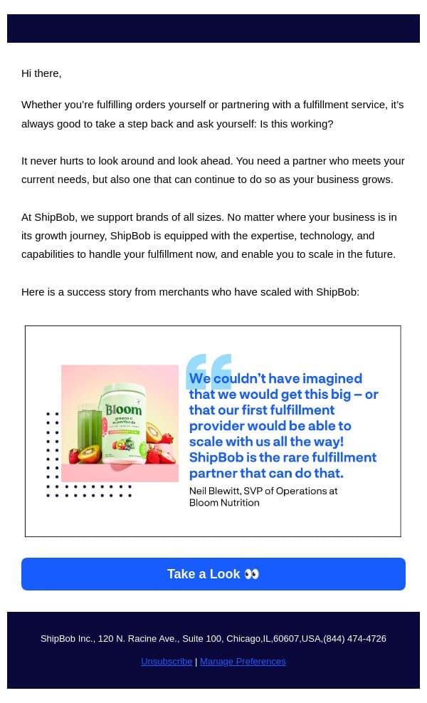 Is your current fulfillment solution slowing growth? email from ShipBob screenshot