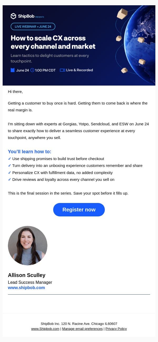 Scale fast without losing customers email from ShipBob screenshot