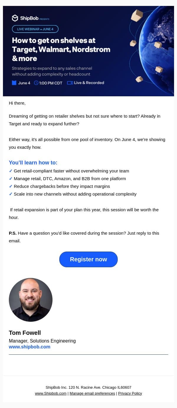 How to get on shelves at Target, Walmart, and Nordstrom email from ShipBob screenshot