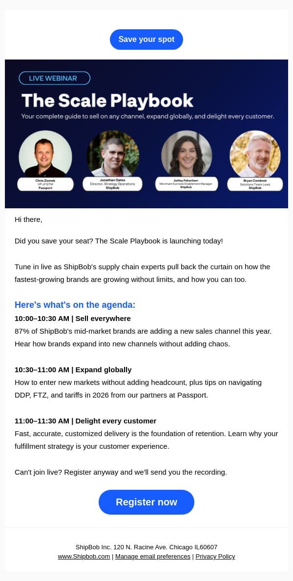 Hi Hey, it's today! The Scale Playbook is launching at 10am CDT email from ShipBob screenshot