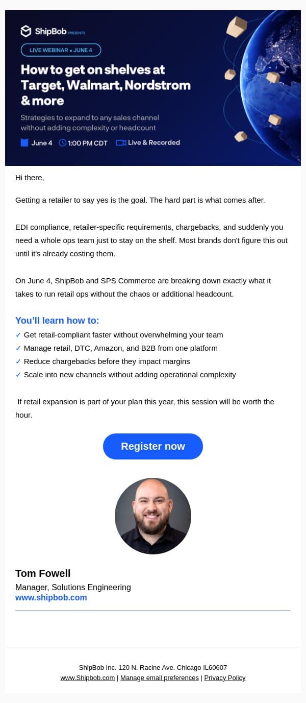 Get into Target, Walmart, Nordstrom email from ShipBob screenshot