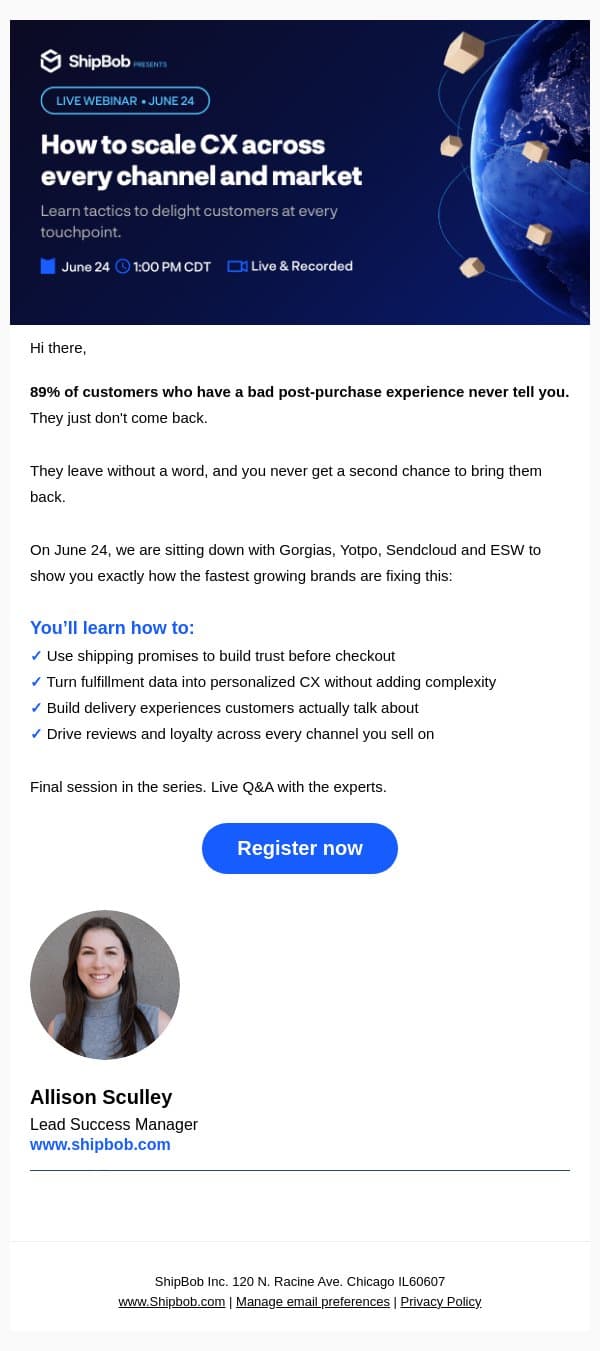 Stop losing customers you already won email from ShipBob screenshot