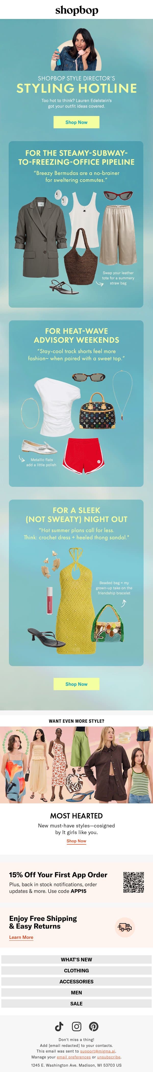Styling hotline: heatwave fits email from Shopbop screenshot