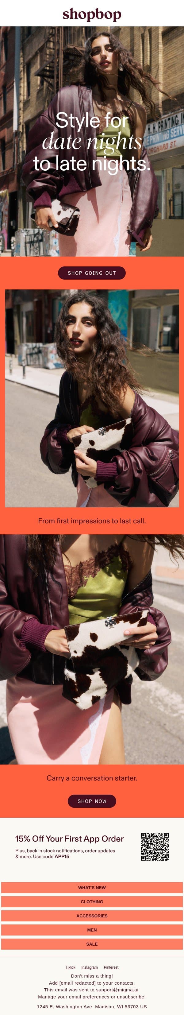 Style for the let's go out text email from Shopbop screenshot