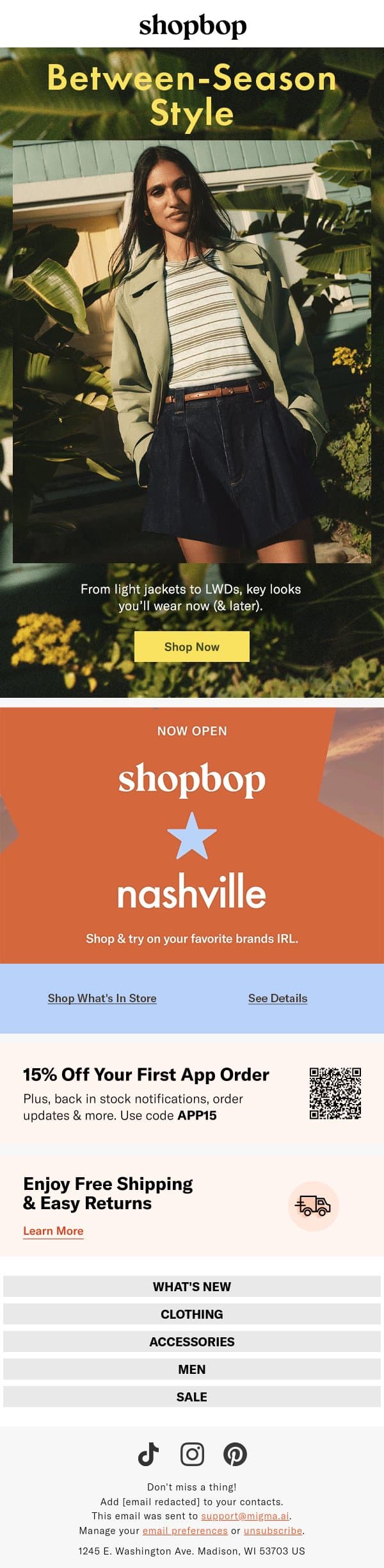 Looks for now (& next season) email from Shopbop screenshot