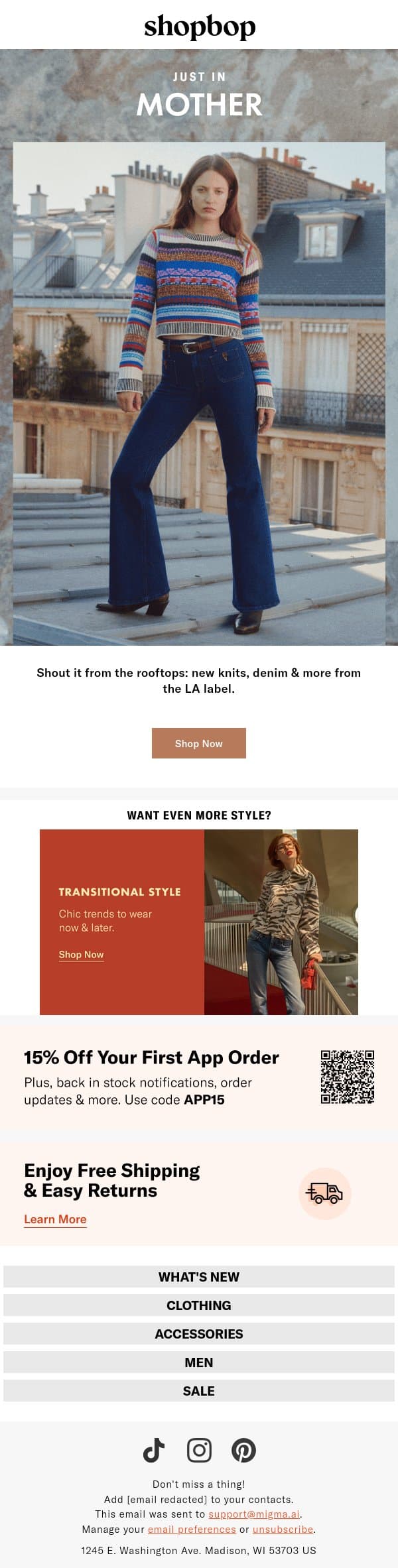 MOTHER's the word email from Shopbop screenshot