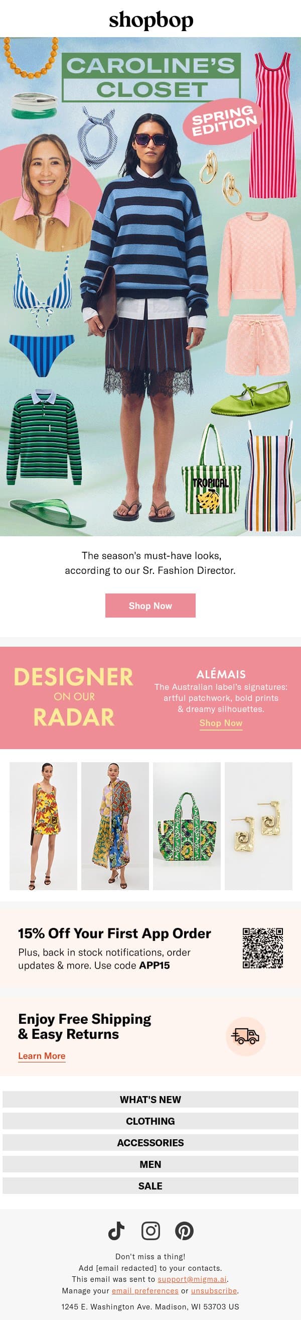 Peek into Caroline's closet email from Shopbop screenshot