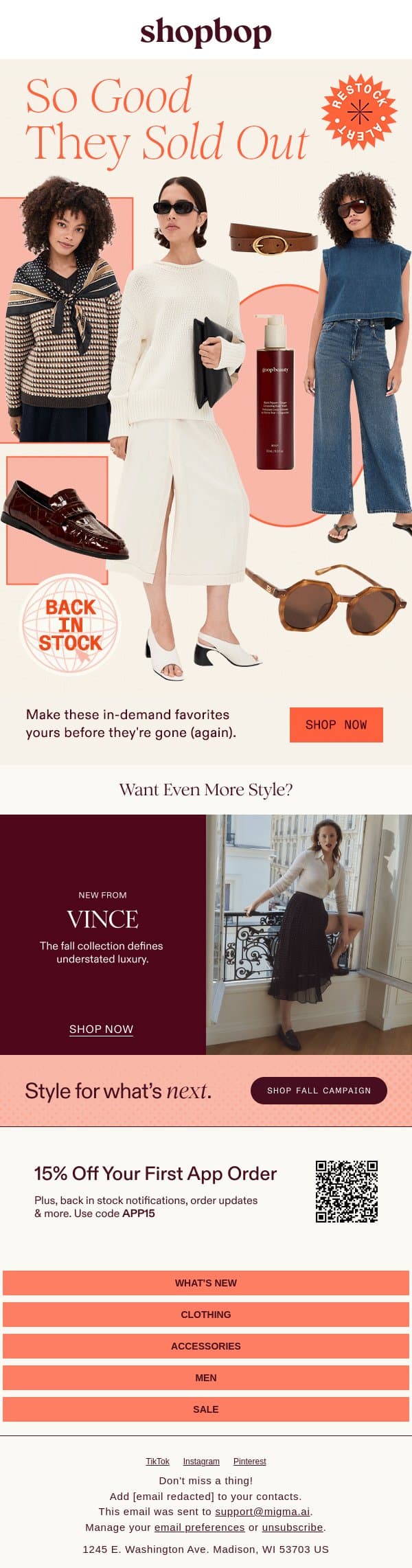 Three words: back in stock email from Shopbop screenshot