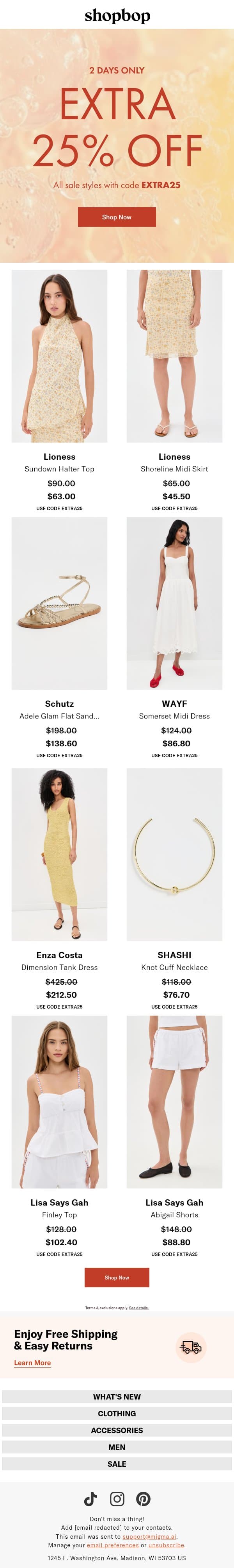 Extra 25% off sale ends tomorrow email from Shopbop screenshot