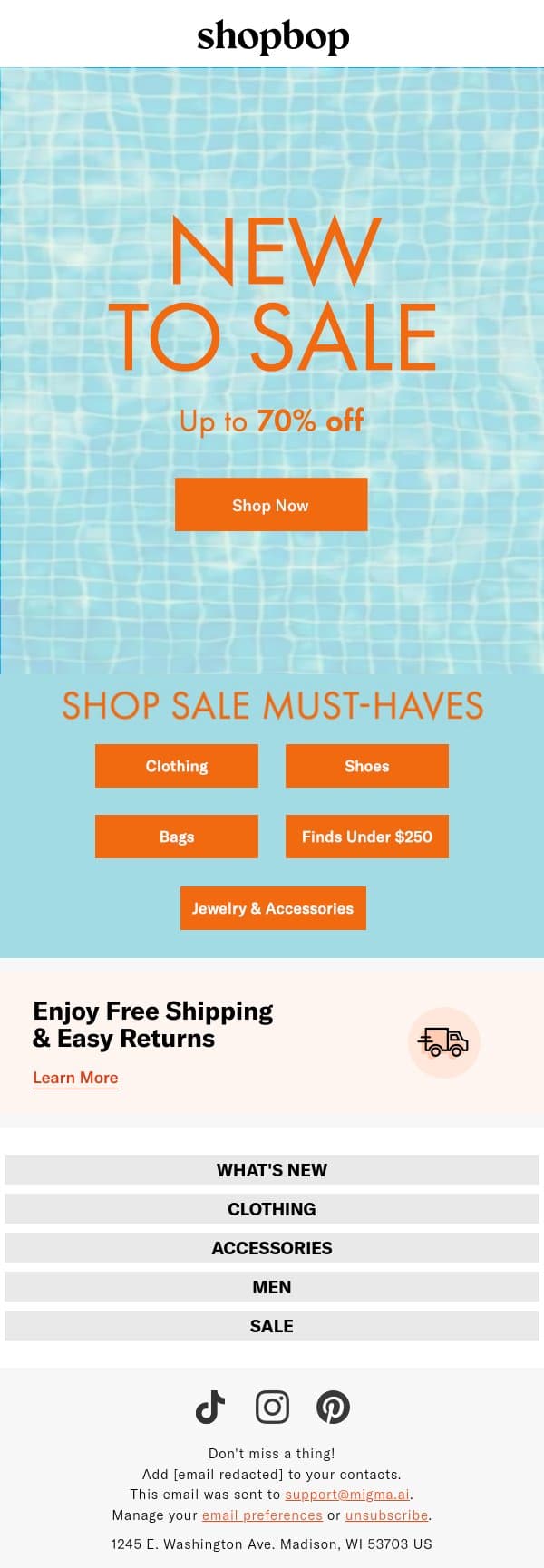 SALE: up to 70% off email from Shopbop screenshot