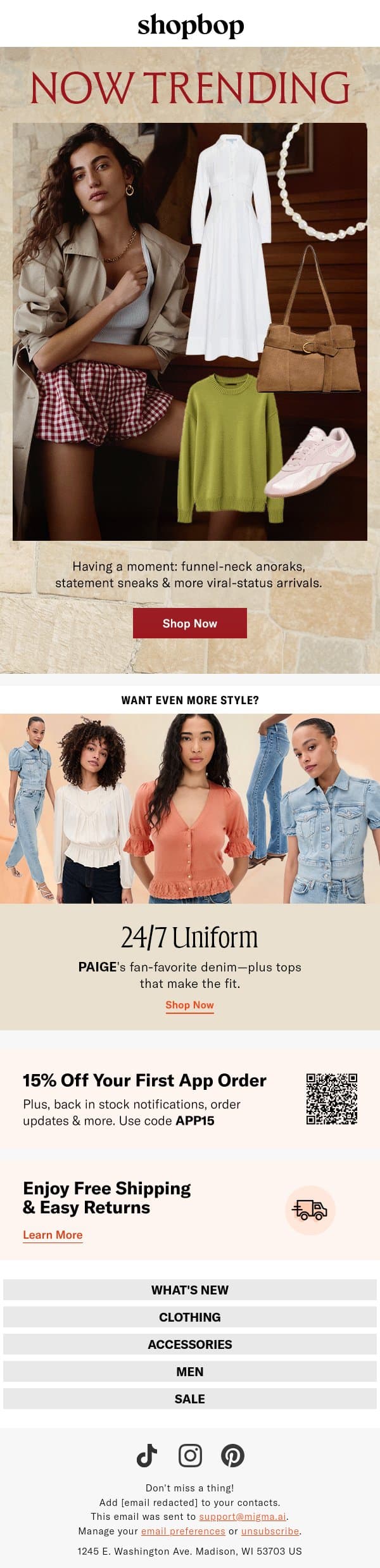 Trending: cool anoraks, slim sneakers... email from Shopbop screenshot