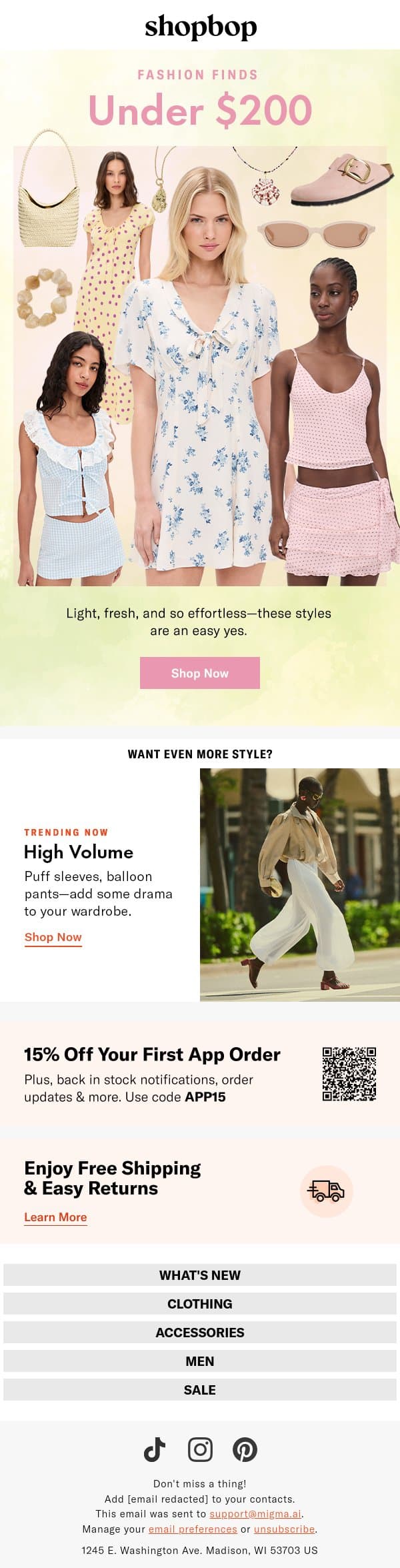 The Under $200 Edit email from Shopbop screenshot