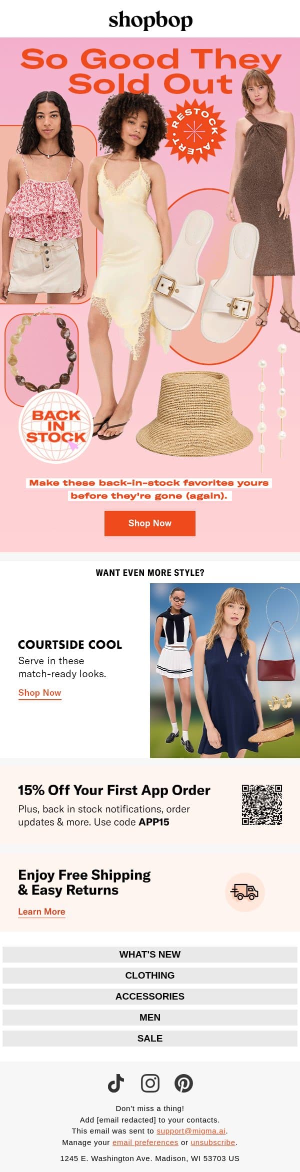 3 words: back in stock email from Shopbop screenshot