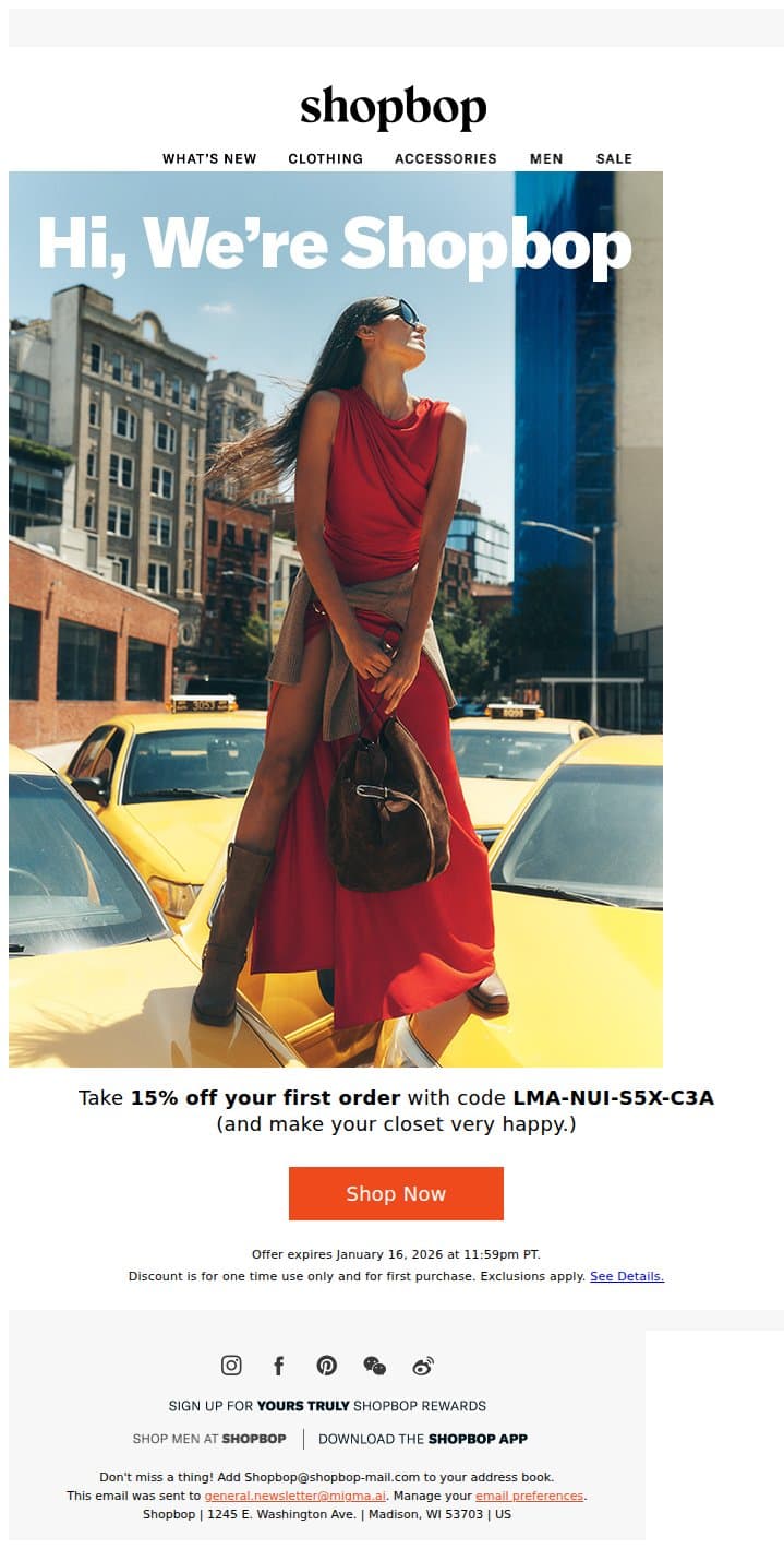 Email sign-up complete—here's 15% off! email from Shopbop screenshot