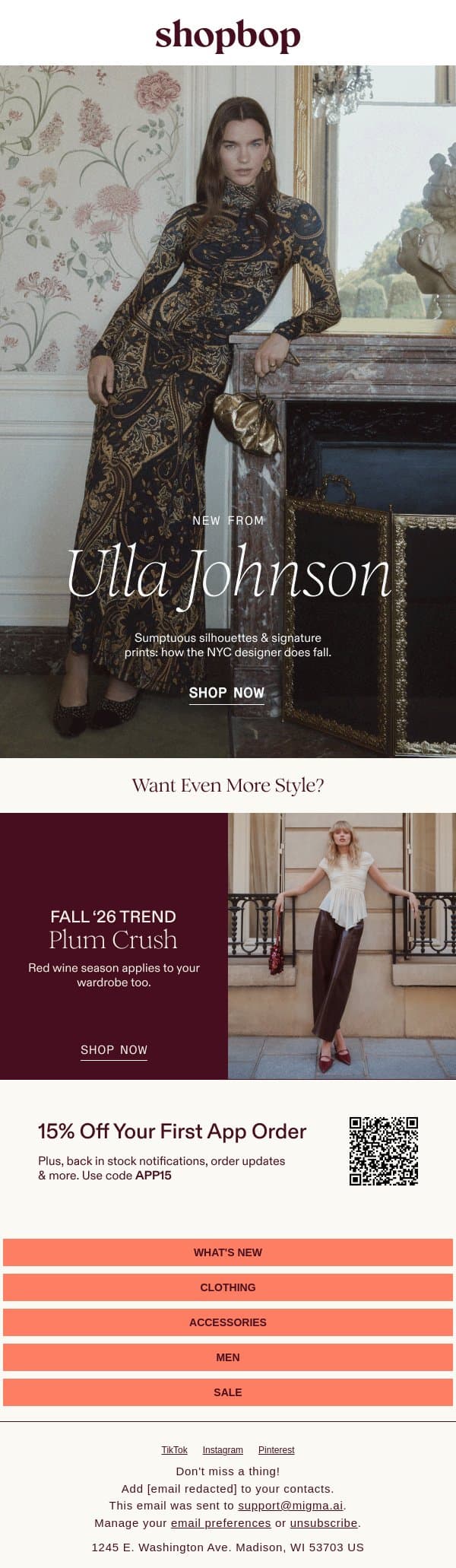 Ulla Johnson's luxe era email from Shopbop screenshot