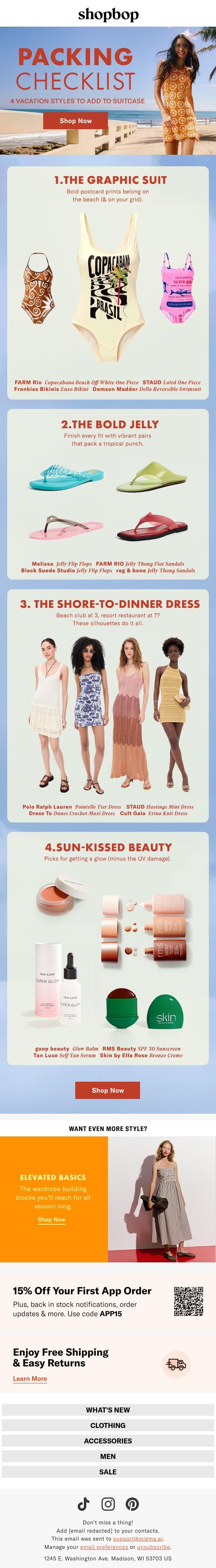 Your packing list, inside email from Shopbop screenshot