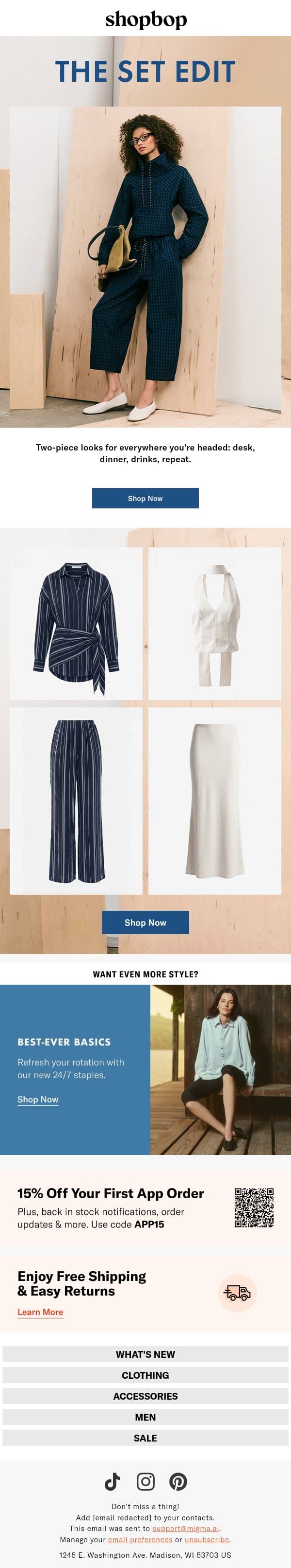 Set(s) the tone email from Shopbop screenshot