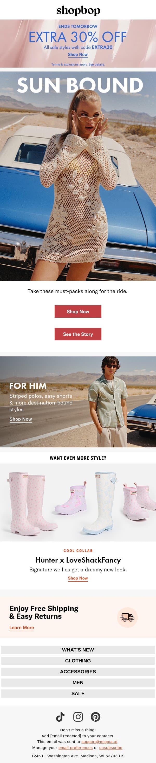 Just landed: the getaway edit email from Shopbop screenshot