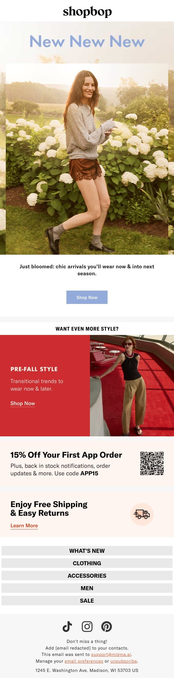 NEW arrivals (167 to be exact) email from Shopbop screenshot