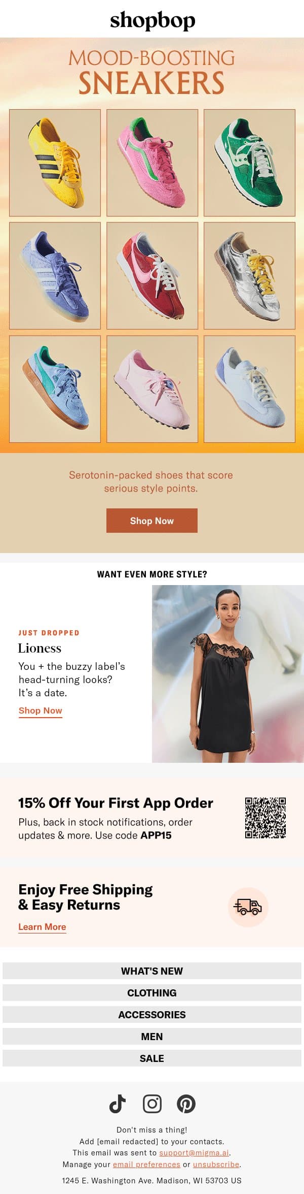 Pre-spring sneaker edit email from Shopbop screenshot
