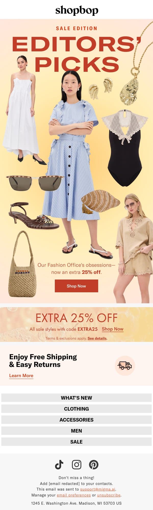 2 DAYS ONLY: extra 25% off sale email from Shopbop screenshot