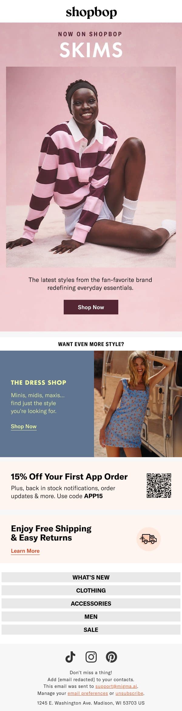 SKIMS is here! email from Shopbop screenshot