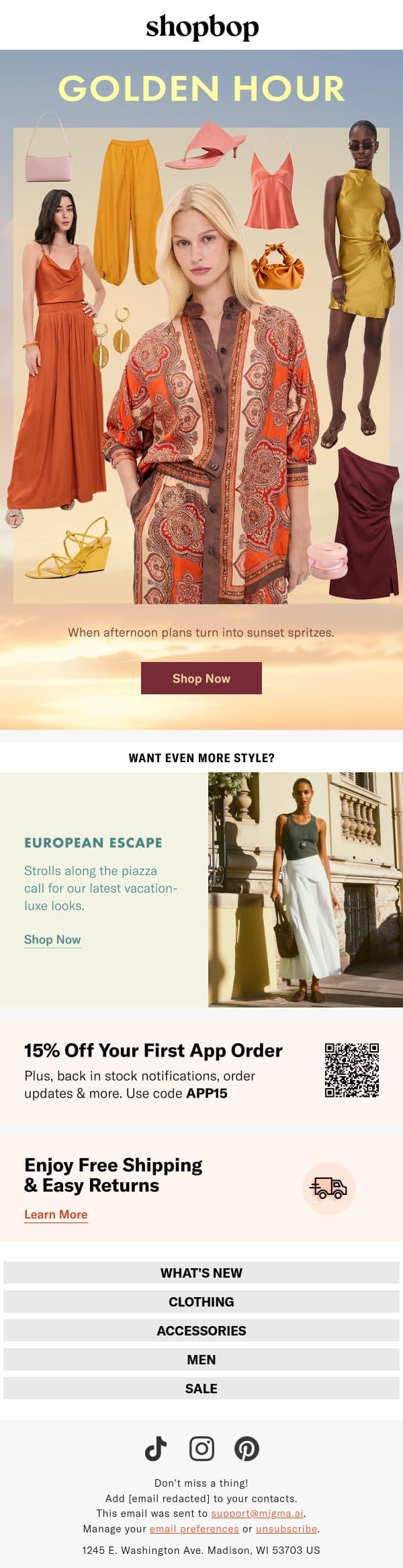 From afternoon to aperitivos🍹 email from Shopbop screenshot