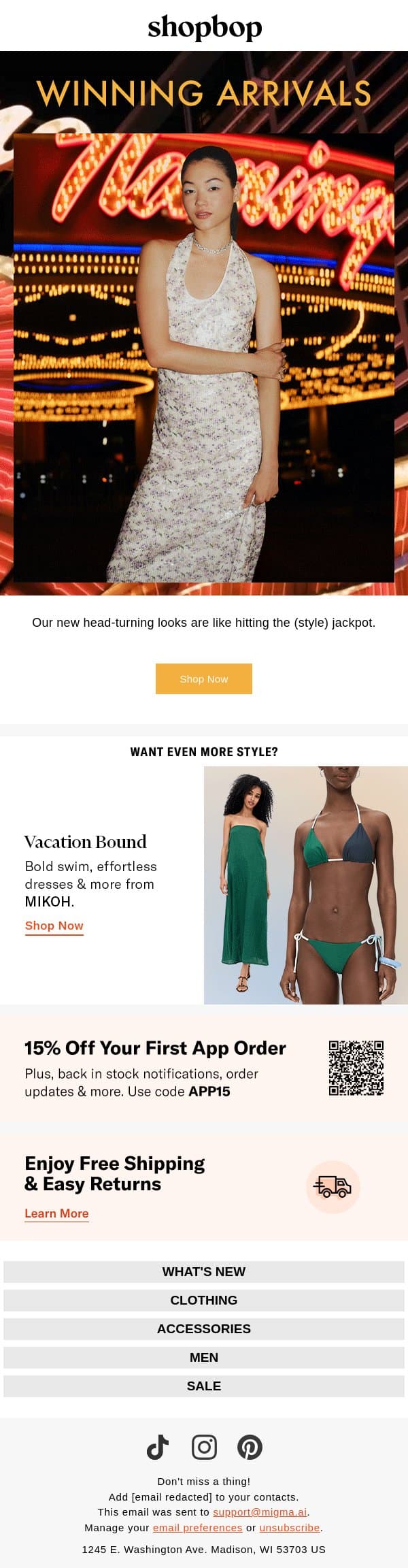 211 new arrivals = style jackpot email from Shopbop screenshot