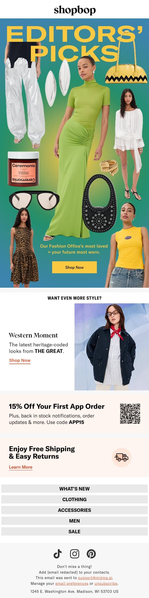 Handpicked by our Fashion Office email from Shopbop screenshot