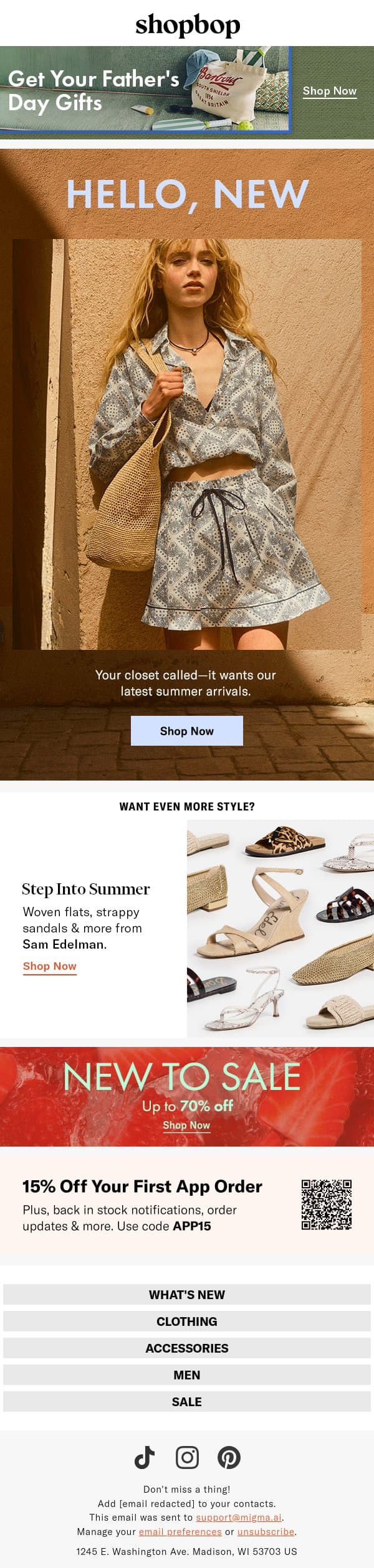 165 arrivals just dropped email from Shopbop screenshot