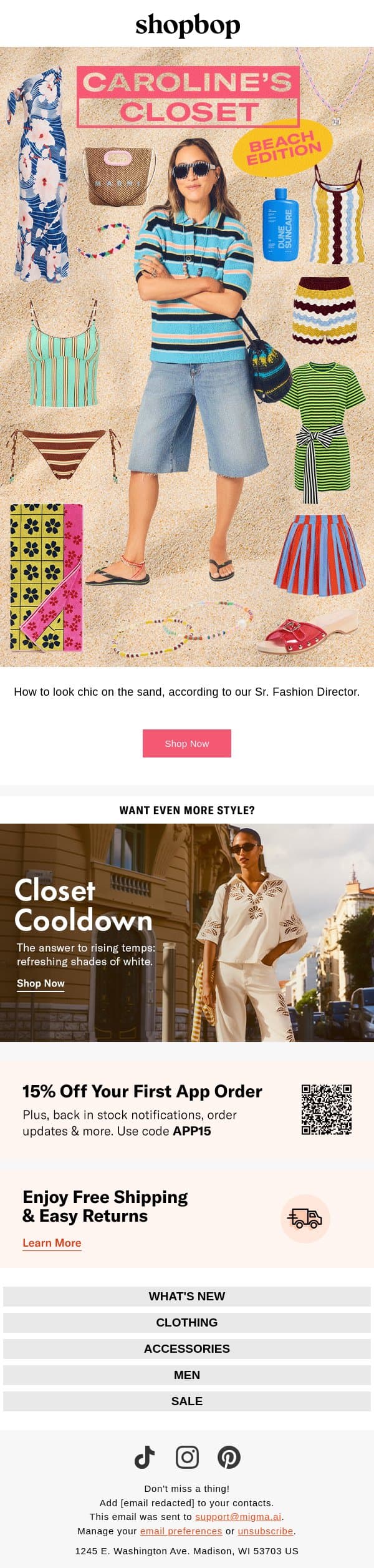 Caroline's beach packing list email from Shopbop screenshot
