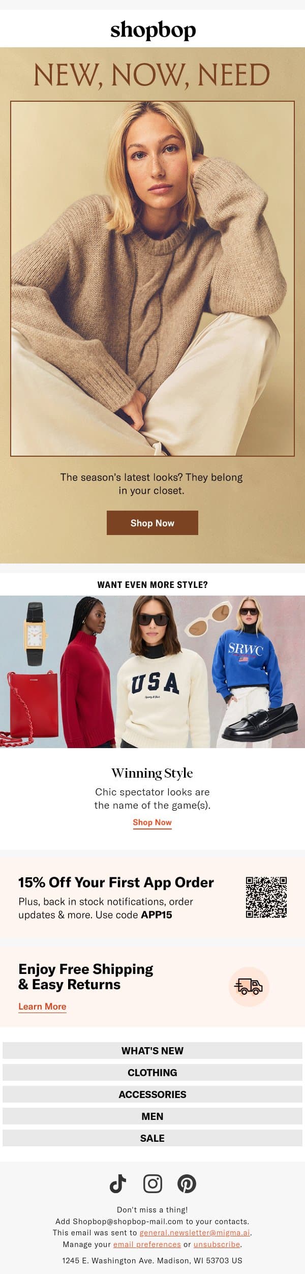 Tuesday treat: 195 NEW arrivals email from Shopbop screenshot