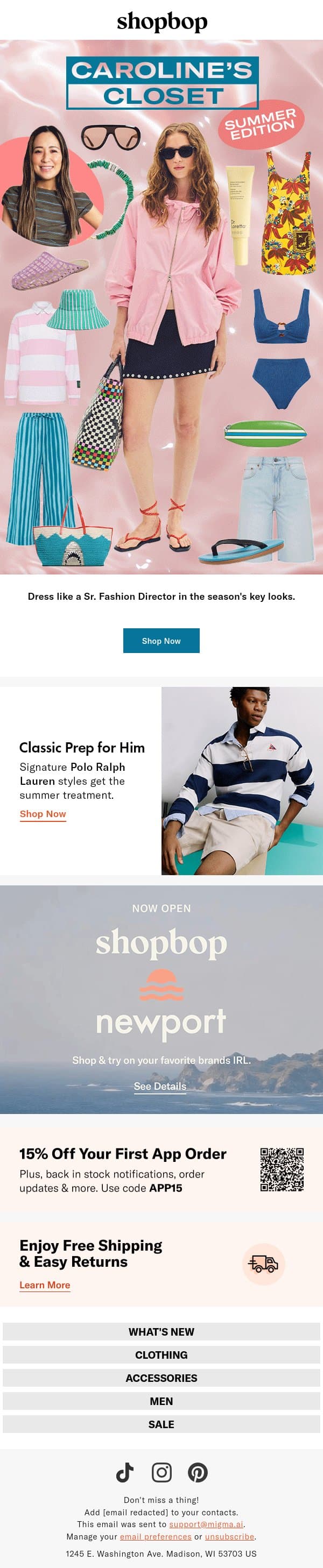 Caroline's summer closet email from Shopbop screenshot