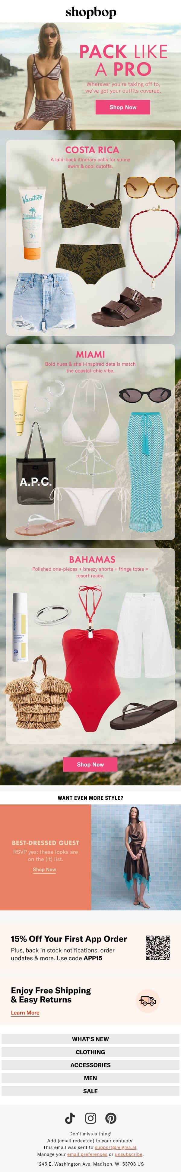 Your packing list awaits email from Shopbop screenshot