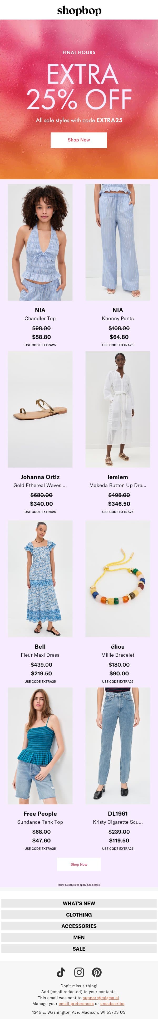 FINAL HOURS: extra 25% off email from Shopbop screenshot