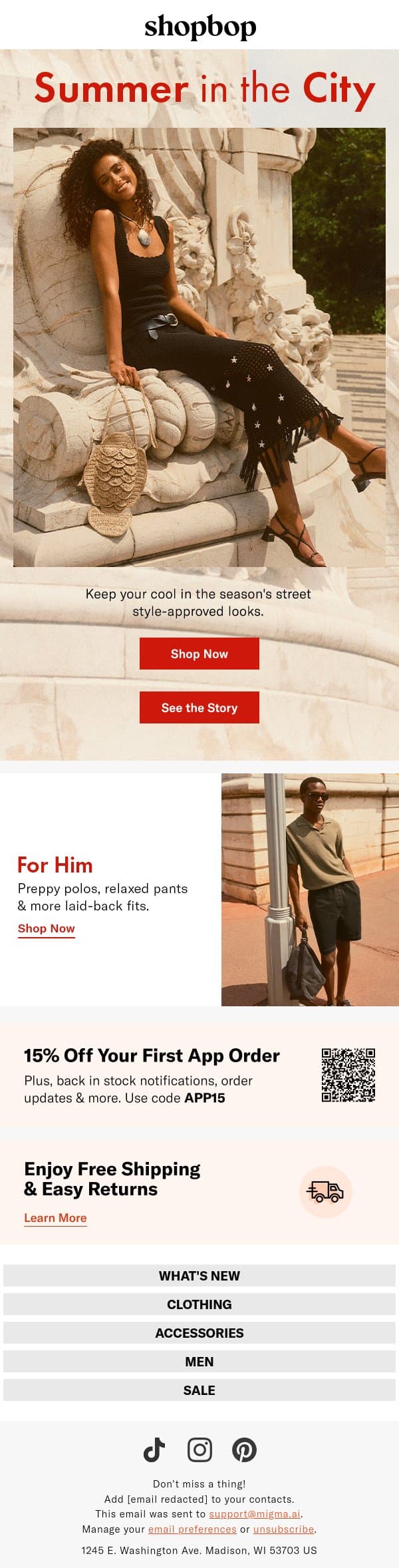 How to stay (& look) cool email from Shopbop screenshot