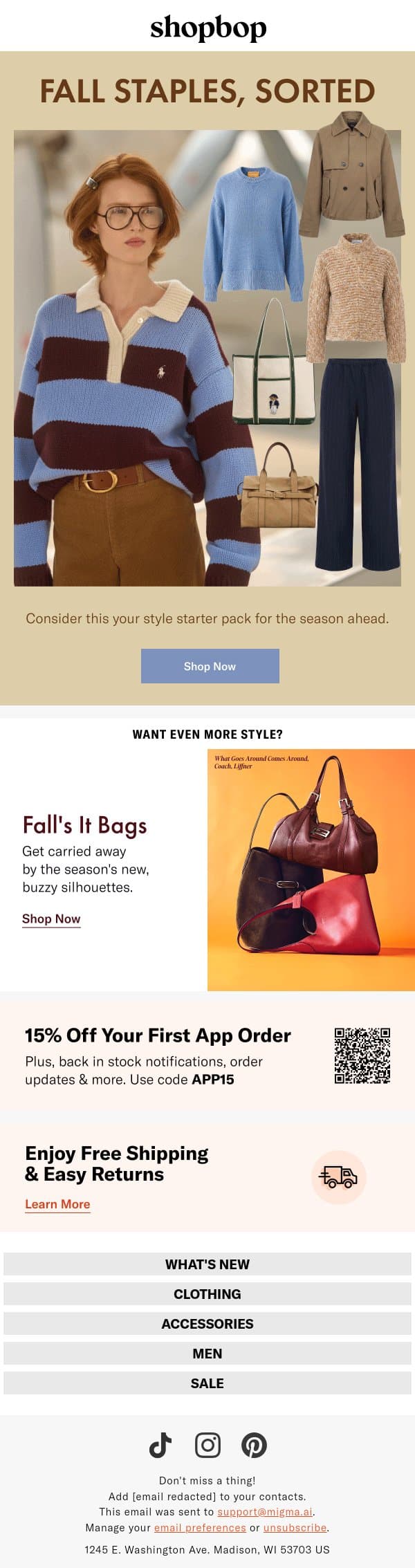 Your everyday wardrobe, sorted email from Shopbop screenshot