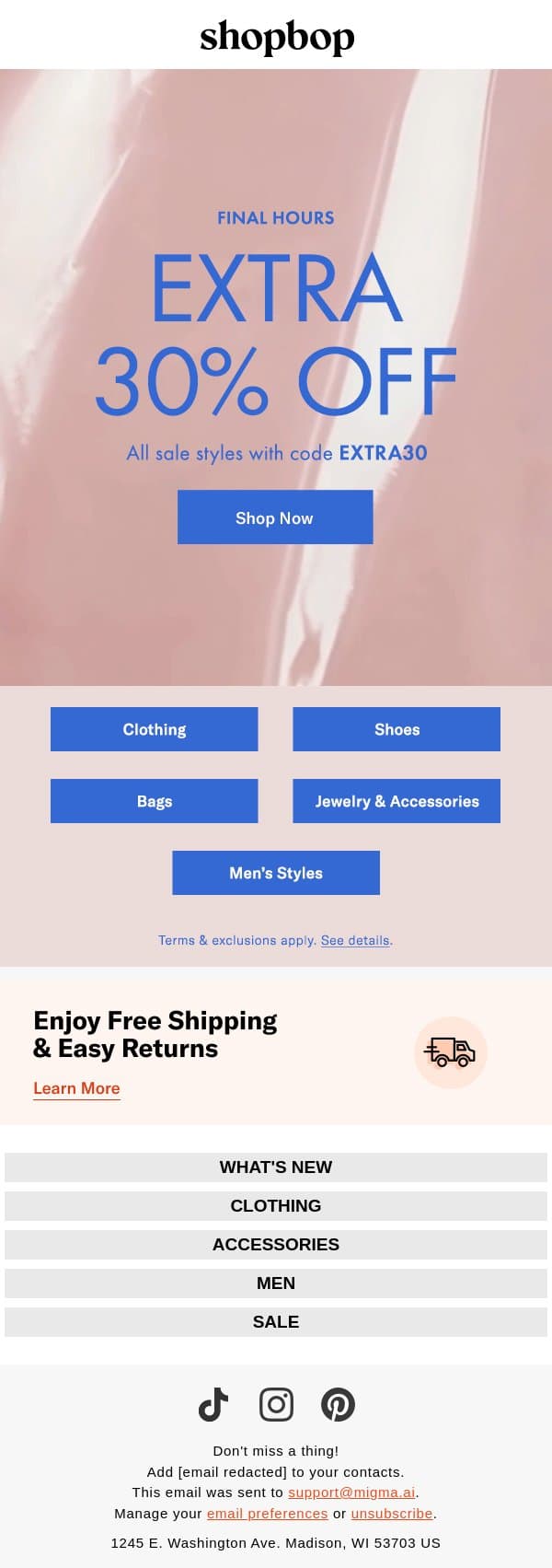 Extra 30% OFF is almost up email from Shopbop screenshot