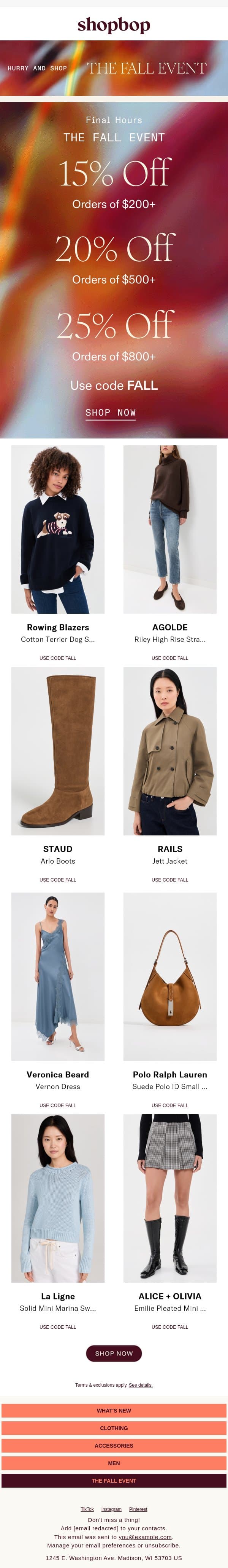 FINAL HOURS: up to 25% off email from Shopbop screenshot