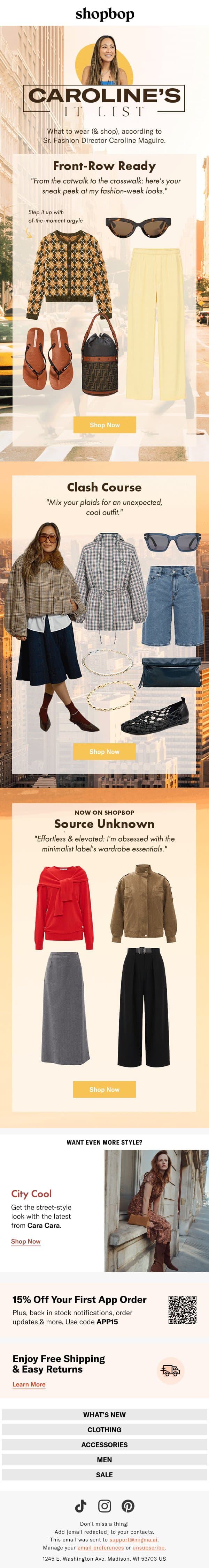 Caroline's NYFW style itinerary email from Shopbop screenshot