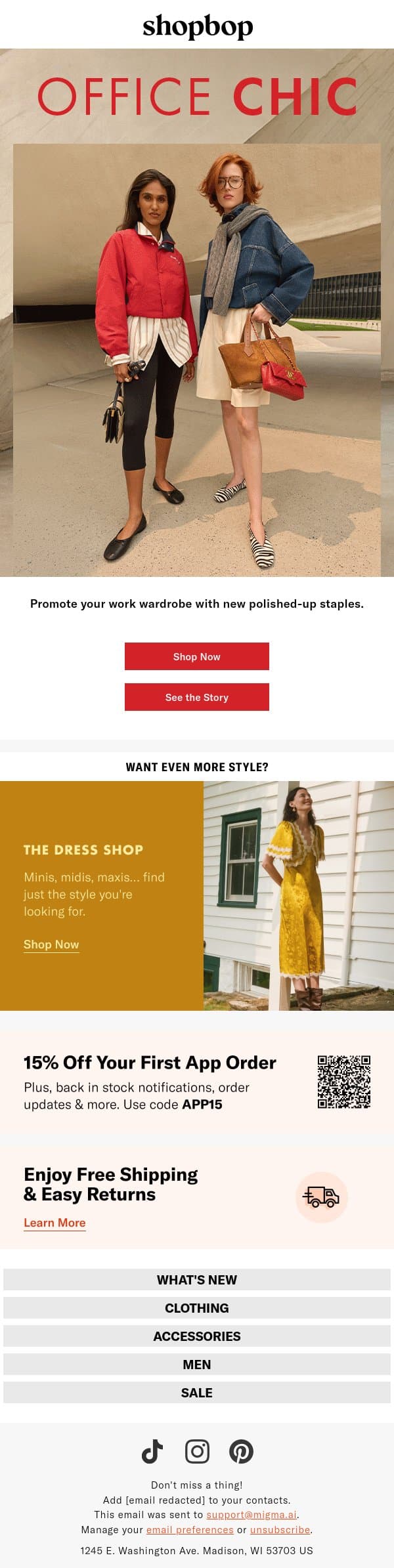 Your workweek style, sorted email from Shopbop screenshot