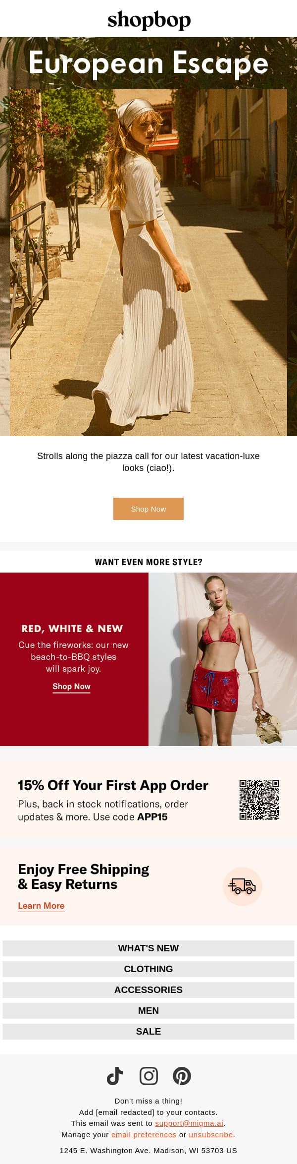 It's la dolce vita season email from Shopbop screenshot