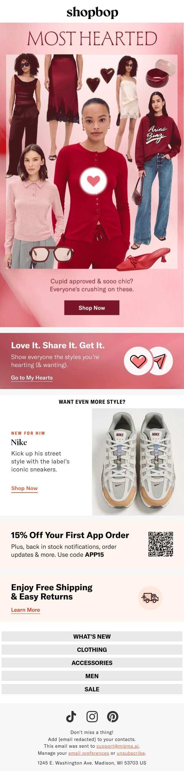 Most Hearted (swoon responsibly) email from Shopbop screenshot