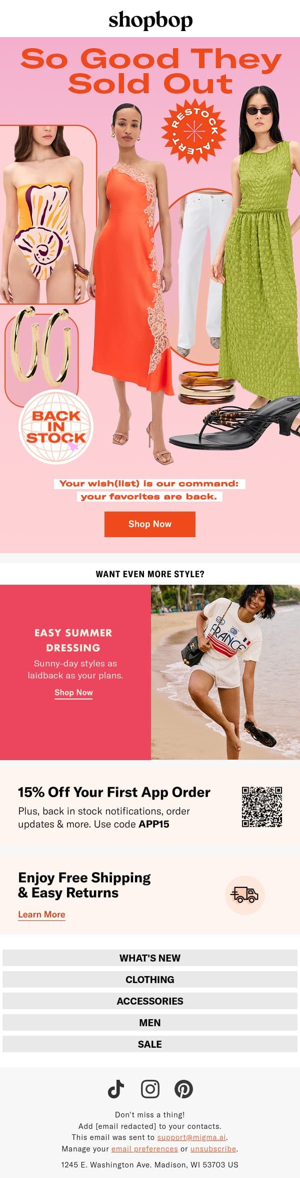Restock alert (they're so back) email from Shopbop screenshot