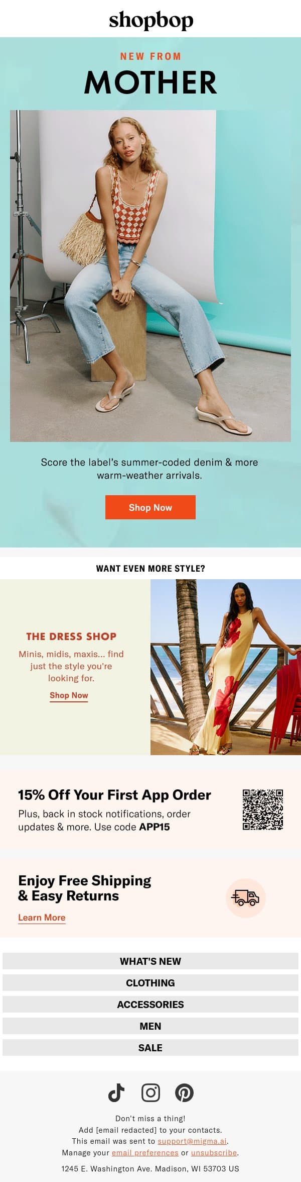 Hello, MOTHER email from Shopbop screenshot