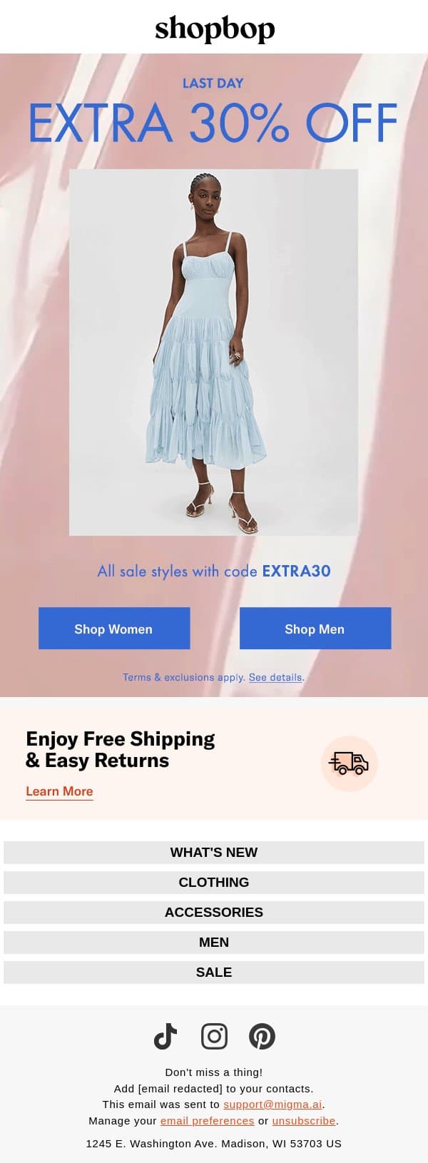 Last day: extra 30% off SALE email from Shopbop screenshot