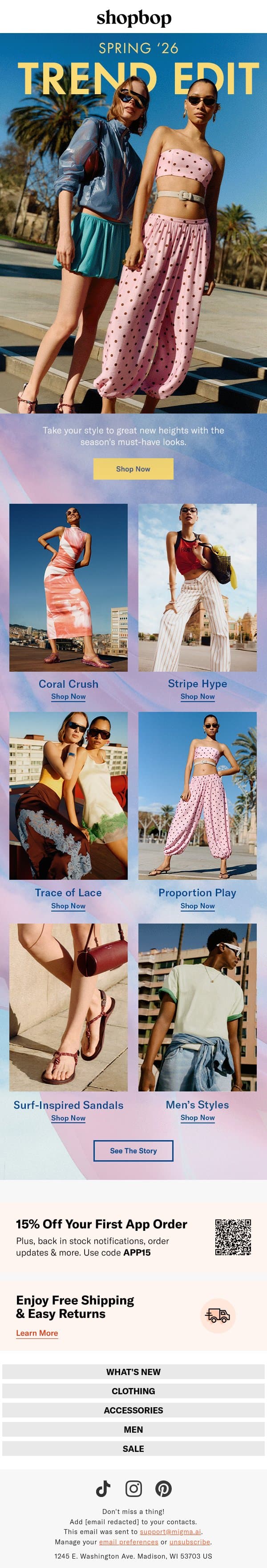 Your spring closet, inside email from Shopbop screenshot